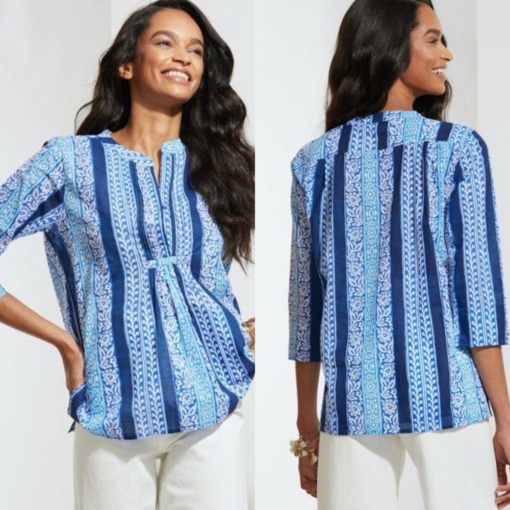 Roller Rabbit Barre Arles Shirt Blue White Cotton Tunic 3/4 Sleeves Size Small